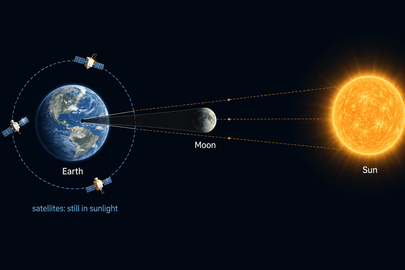 Solar eclipse seen from Earth: the Moon sits between the Sun and Earth, and its shadow narrows to a small spot on Earth’s surface. Satellites in orbit remain in full sunlight.